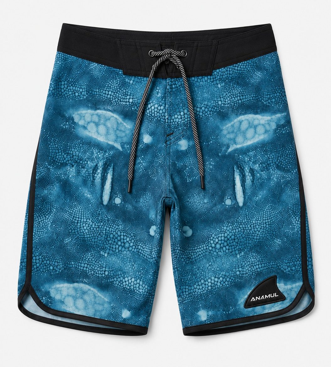 Shark-skin ANAMUL board shorts in deep ocean blue